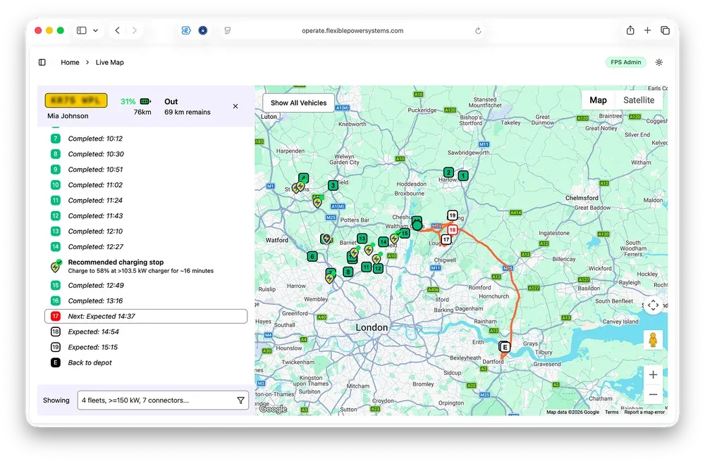 FPS Operate live map showing a vehicle's route, charging stops and fleet positions around London