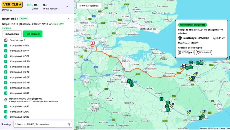 Example FPS route view showing a vehicle on an active route, with the recommended charger stop and the route plotted on a map